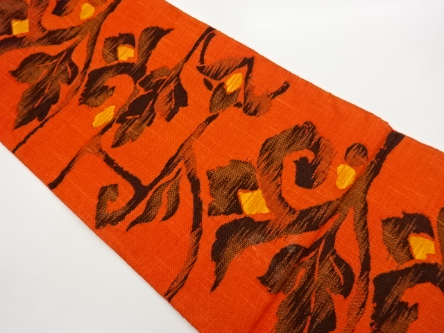 じゅらく製　手織り真綿紬抽象花唐草模様織出し名古屋帯